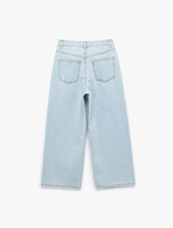Pamuklu Düğmeli Cepli Normal Bel Crop Geniş Paça Jean Pantolon - Wide Leg Jean