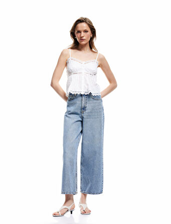 Pamuklu Düğmeli Cepli Normal Bel Crop Geniş Paça Jean Pantolon - Wide Leg Jean