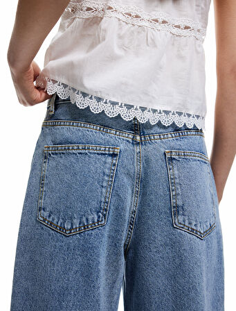 Pamuklu Düğmeli Cepli Normal Bel Crop Geniş Paça Jean Pantolon - Wide Leg Jean