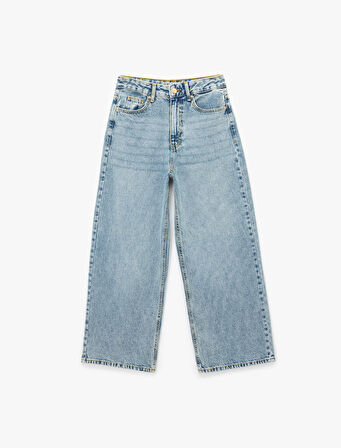 Pamuklu Düğmeli Cepli Normal Bel Crop Geniş Paça Jean Pantolon - Wide Leg Jean