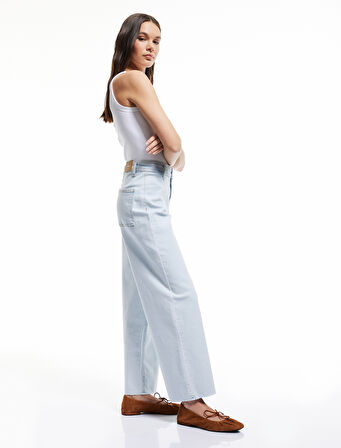 Yüksek Bel Kesik Paça Düğmeli Denim Pantolon -  Culotte Jean