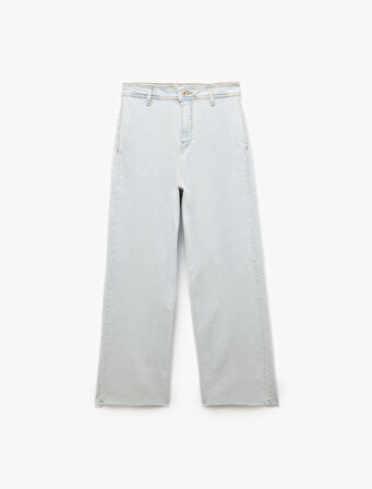 Yüksek Bel Kesik Paça Düğmeli Denim Pantolon -  Culotte Jean