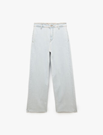 Yüksek Bel Kesik Paça Düğmeli Denim Pantolon -  Culotte Jean