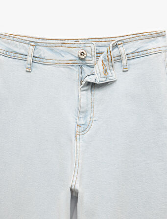 Yüksek Bel Kesik Paça Düğmeli Denim Pantolon -  Culotte Jean