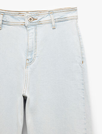 Yüksek Bel Kesik Paça Düğmeli Denim Pantolon -  Culotte Jean