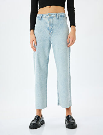 Yüksek Bel Kesik Paça Düğmeli Denim Pantolon -  Culotte Jean
