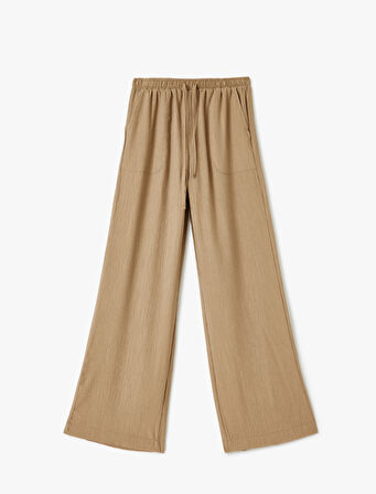 Beli Bağcıklı Geniş Paça Cepli Viskon Karışımlı Pantolon