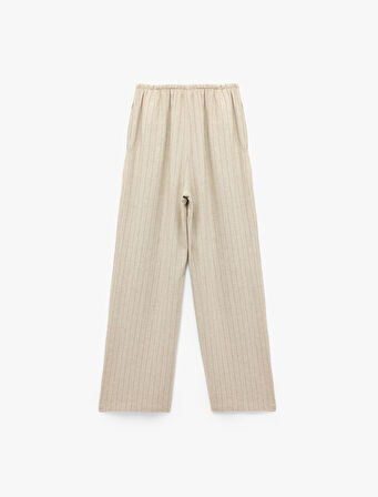 Beli Bağcıklı Keten Karışımlı Rahat Kalıp Çizgili Geniş Paça Pantolon