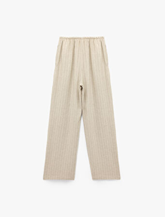 Beli Bağcıklı Keten Karışımlı Rahat Kalıp Çizgili Geniş Paça Pantolon