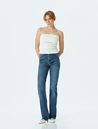 Yüksek Bel Slim Fit Yıpratılmış İspanyol Paça Denim Pantolon -  Flare Jeans