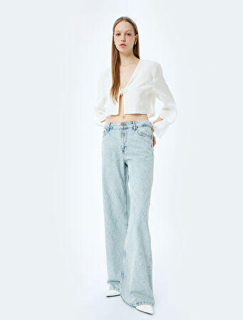 Taş Detaylı Normal Bel Geniş Paça Denim Pantolon -  Wide Leg Jeans