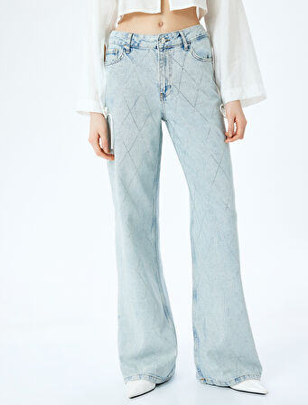 Taş Detaylı Normal Bel Geniş Paça Denim Pantolon -  Wide Leg Jeans