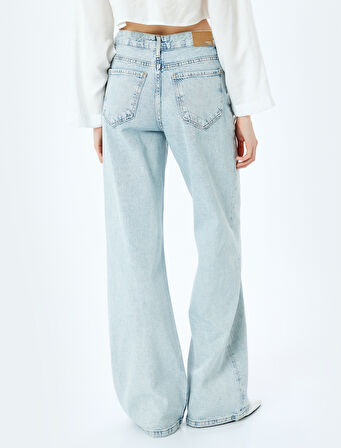 Taş Detaylı Normal Bel Geniş Paça Denim Pantolon -  Wide Leg Jeans