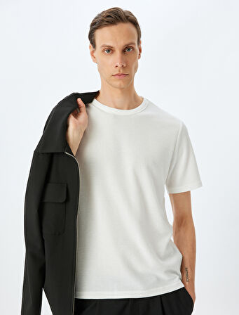 Kısa Kollu Etiket Detaylı Waffle Dokulu Pamuk Karışımlı Bisiklet Yaka Tişört