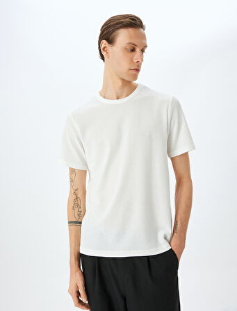 Kısa Kollu Etiket Detaylı Waffle Dokulu Pamuk Karışımlı Bisiklet Yaka Tişört