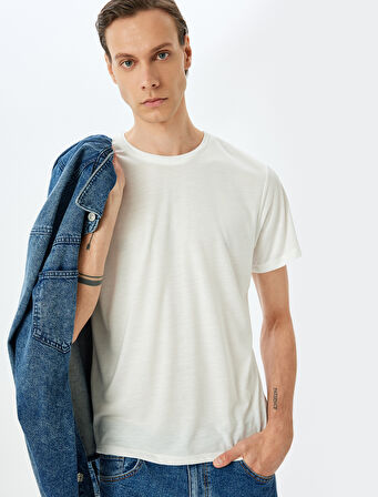 Bisiklet Yaka Kısa Kollu Viskon Karışımlı Basic Slim Fit Tişört
