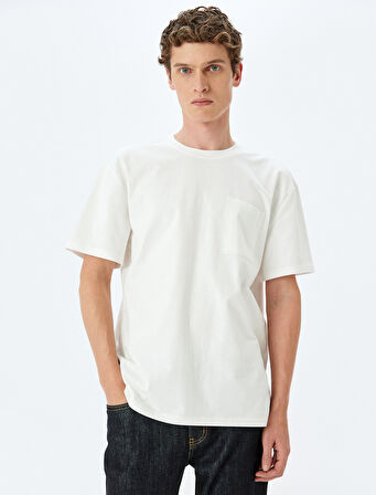 Kısa Kollu Bisiklet Yaka Cep Detaylı Tok Kumaş Pamuklu Oversize Tişört