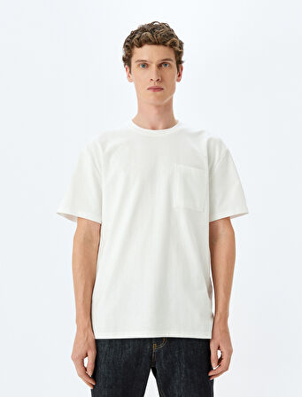 Kısa Kollu Bisiklet Yaka Cep Detaylı Tok Kumaş Pamuklu Oversize Tişört