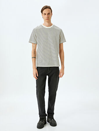 Bisiklet Yaka Kısa Kollu Pamuk Karışımlı Çizgili Oversize Tişört