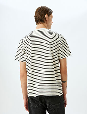 Bisiklet Yaka Kısa Kollu Pamuk Karışımlı Çizgili Oversize Tişört