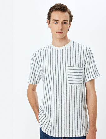 Çizgili Cepli Kısa Kollu Regular Fit Viskon Karışımlı Tok Kumaş Bisiklet Yaka Tişört