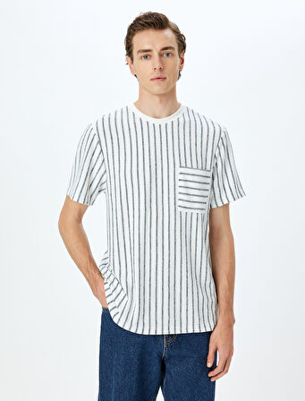 Çizgili Cepli Kısa Kollu Regular Fit Viskon Karışımlı Tok Kumaş Bisiklet Yaka Tişört
