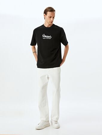 Bisiklet Yaka Kısa Kollu Pamuklu Oversize Lisanslı Van Gogh Baskılı Tişört