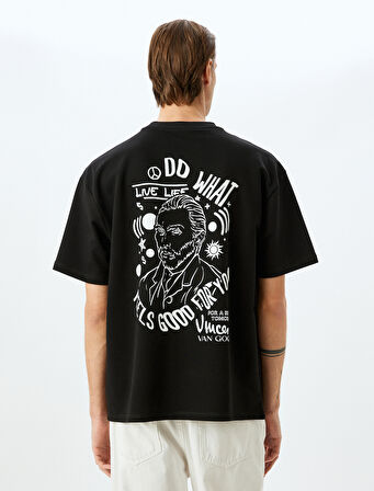 Bisiklet Yaka Kısa Kollu Pamuklu Oversize Lisanslı Van Gogh Baskılı Tişört