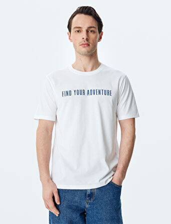 Bisiklet Yaka Regular Fit Pamuklu Kısa Kollu Slogan Baskılı Tişört