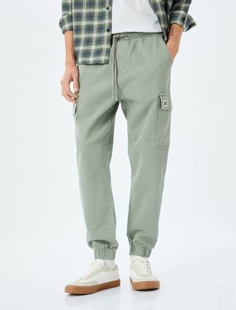 Beli Bağcıklı Pamuklu Gabardin Kargo Cep Detaylı Jogger Pantolon