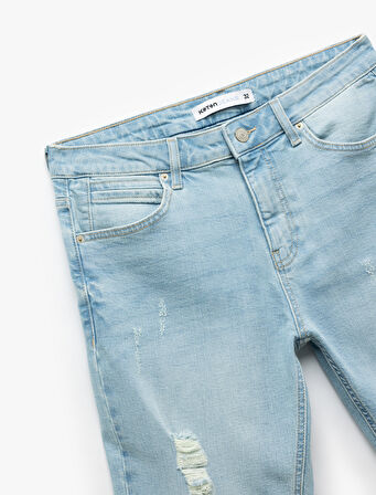 Slim Fit Pamuklu Katlamalı Paça Denim Şort