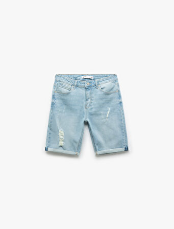 Slim Fit Pamuklu Katlamalı Paça Denim Şort