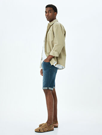 Katlamalı Paçalı Pamuklu Cep Detaylı Slim Fit Kot Şort