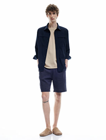 Beli Bağcıklı Cepli Viskon Karışımlı Çizgili Şort