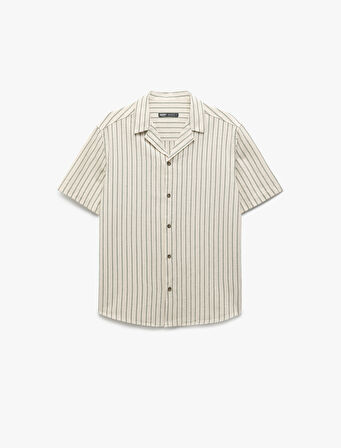 Kısa Kollu Regular Fit Devrik Yaka Pamuklu Çizgili Gömlek