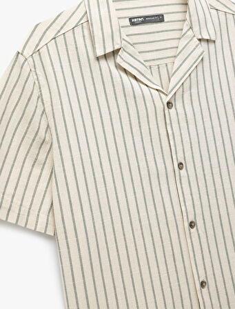 Kısa Kollu Regular Fit Devrik Yaka Pamuklu Çizgili Gömlek