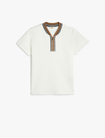 Tişört Bisiklet Yaka Yarım Fermuarlı Kısa Kollu Şerit Detaylı Pamuklu