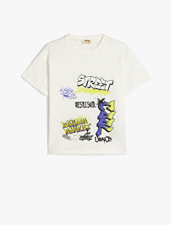 Grafiti Baskılı Kısa Kollu Bisiklet Yaka Oversize Tişört 