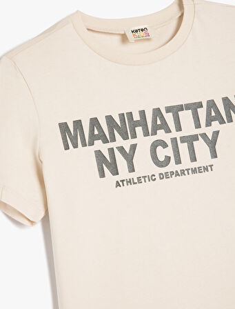 Slogan Baskılı Bisiklet Yaka Kısa Kollu Pamuklu Tişört