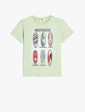 Bisiklet Yaka Sörf Baskılı Pamuklu Tişört