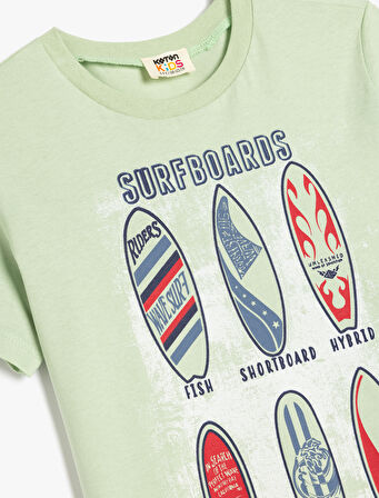 Bisiklet Yaka Sörf Baskılı Pamuklu Tişört