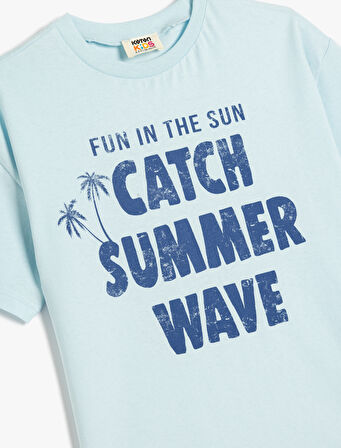 Oversize Tişört Kısa Kollu Bisiklet Yaka Yaz Baskı Detaylı Pamuklu