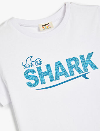 Köpekbalığı Temalı Baskı Detaylı Kısa Kollu Pamuklu Tişört