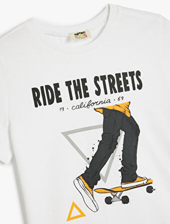 Kaykay Baskılı Tişört Kısa Kollu Bisiklet Yaka Pamuklu