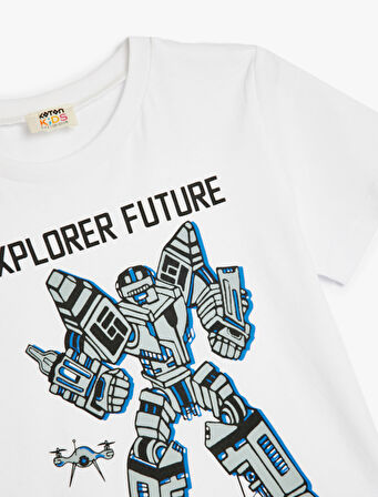 Kısa Kollu Bisiklet Yaka Robot Baskılı Pamuklu Tişört