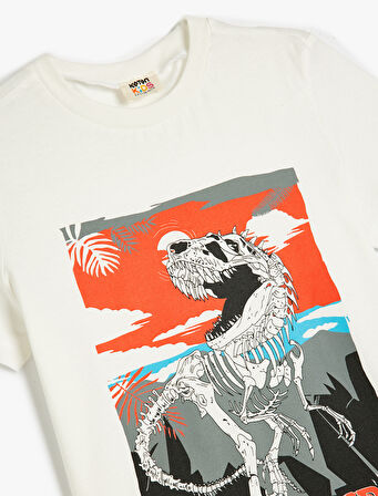 Tişört Dinozor Baskı Detaylı Kısa Kollu Bisiklet Yaka Pamuklu