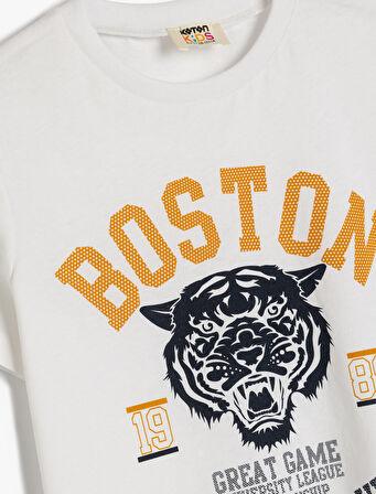 Tişört Kaplan Baskılı Kısa Kollu Bisiklet Yaka Pamuklu