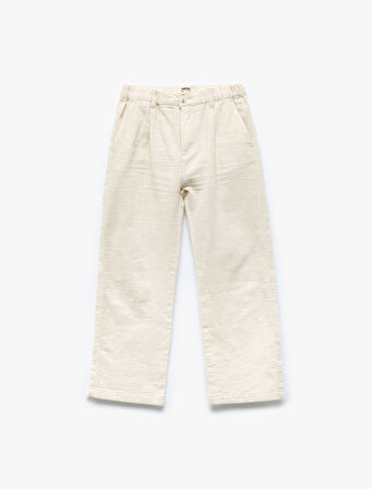 Beli Lastikli Düğmeli Keten Karışımlı Pamuklu Basic Pantolon