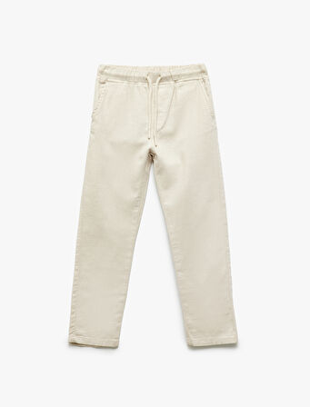 Beli Bağcıklı Keten Karışımlı Basic Pantolon