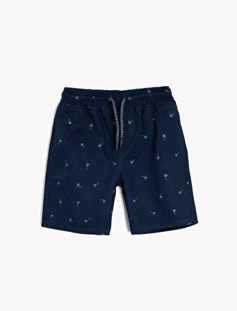 Beli Bağcıklı Baskılı Palmiye Pamuklu Bermuda Şort